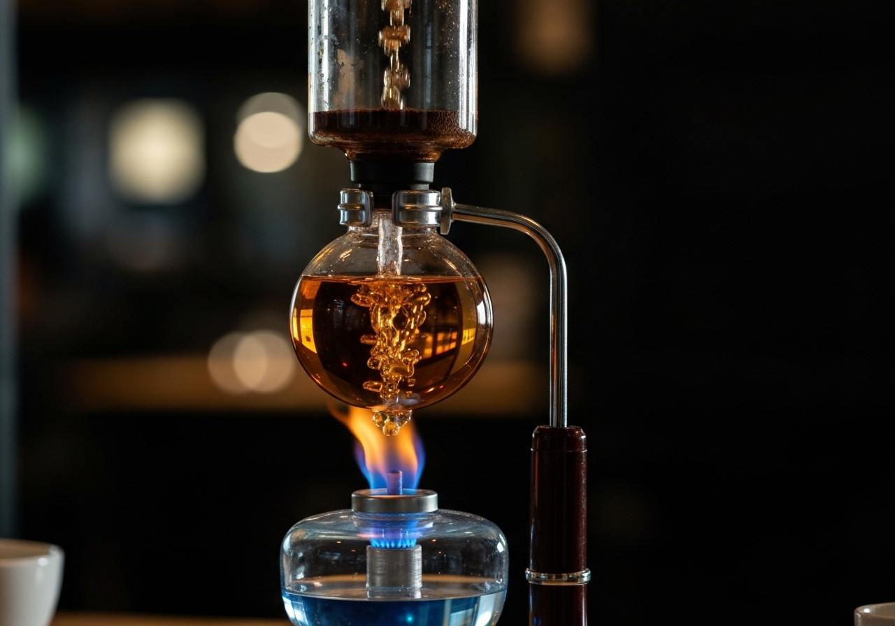 Siphon coffee brewer with glass chambers on a bar counter