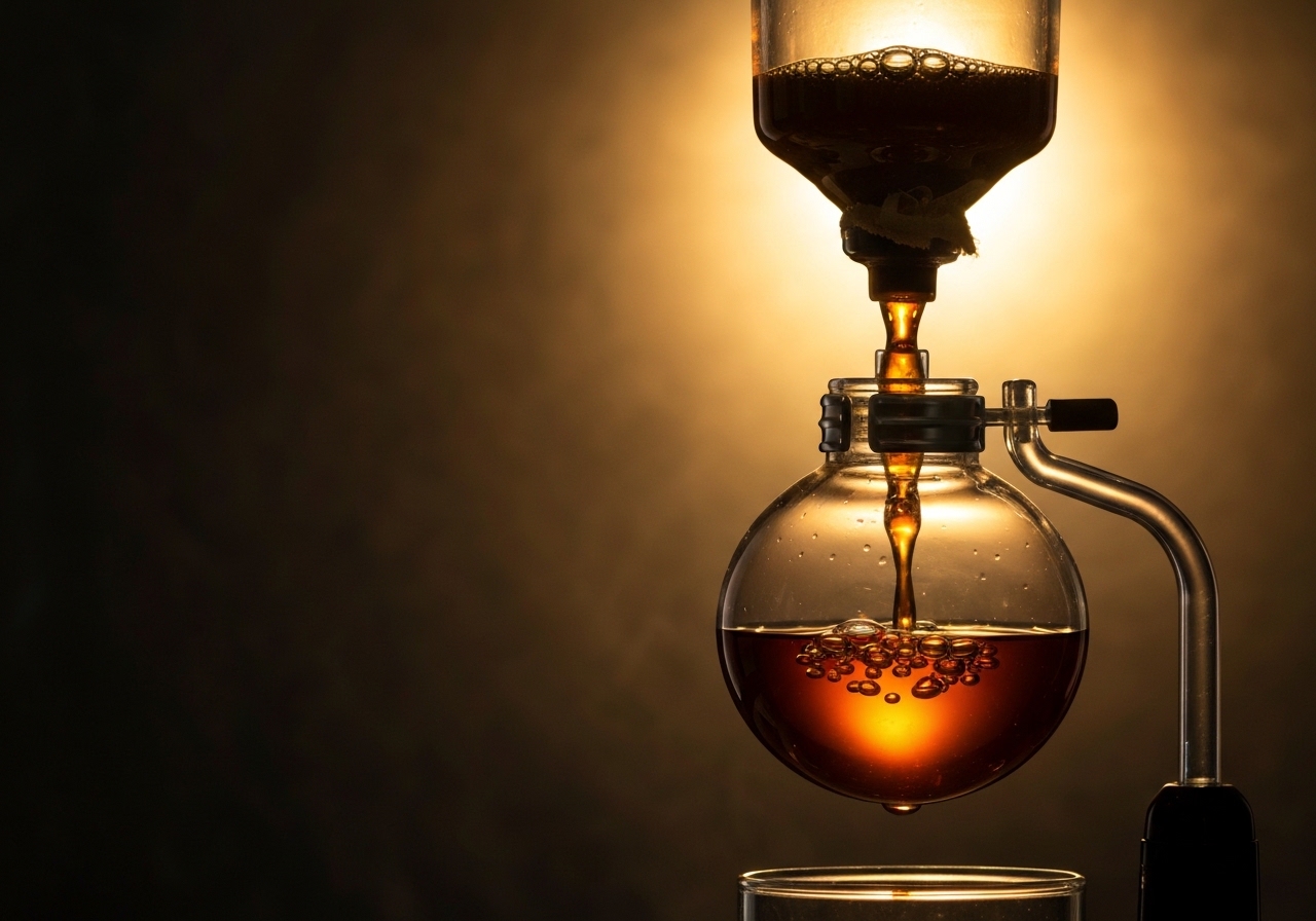 Close-up of coffee brewing in glass chambers with warm amber light