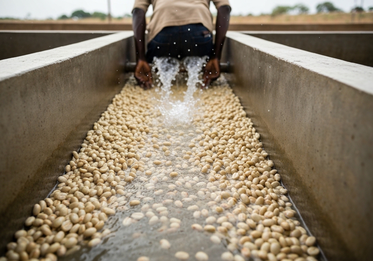 Coffee washing channels where fermented beans are scrubbed with clean water