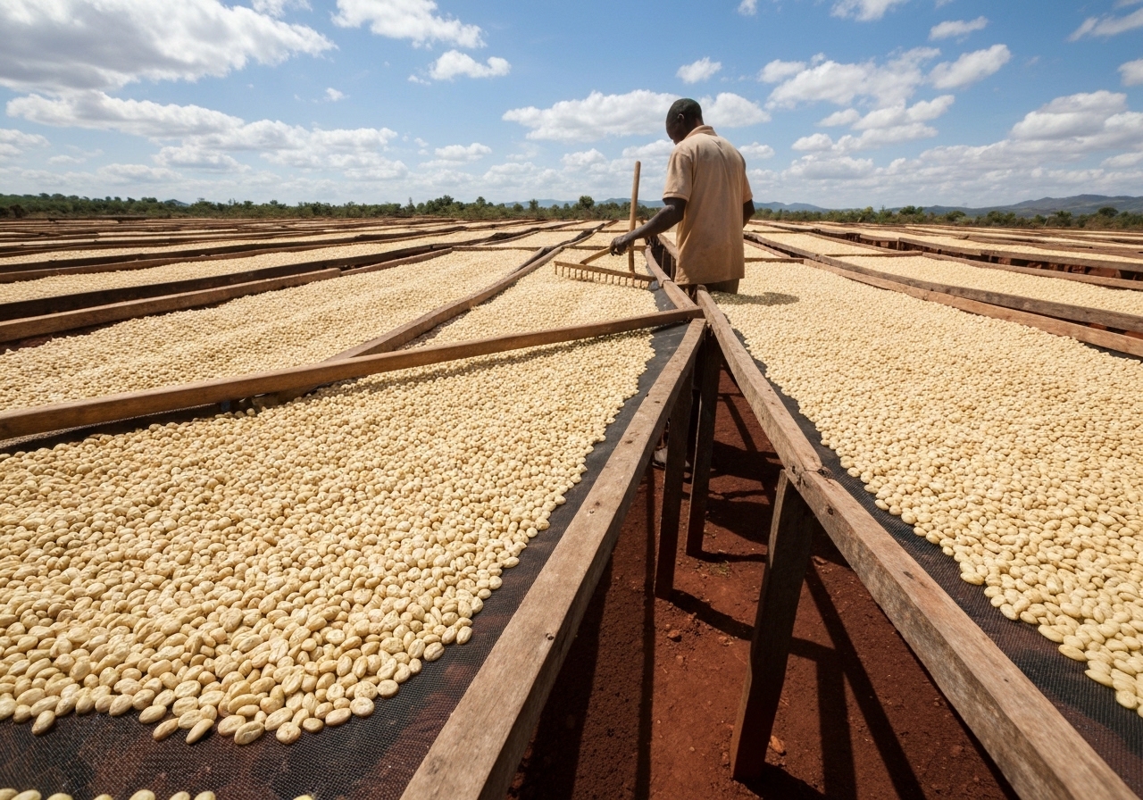 Parchment coffee drying on raised beds in the sun after washing