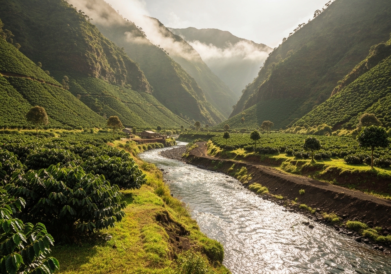 Mountain landscape with rivers — the water-rich highlands where washed processing thrives