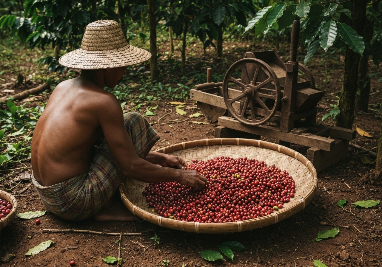Indonesian coffee farmer sorting freshly harvested coffee cherries
