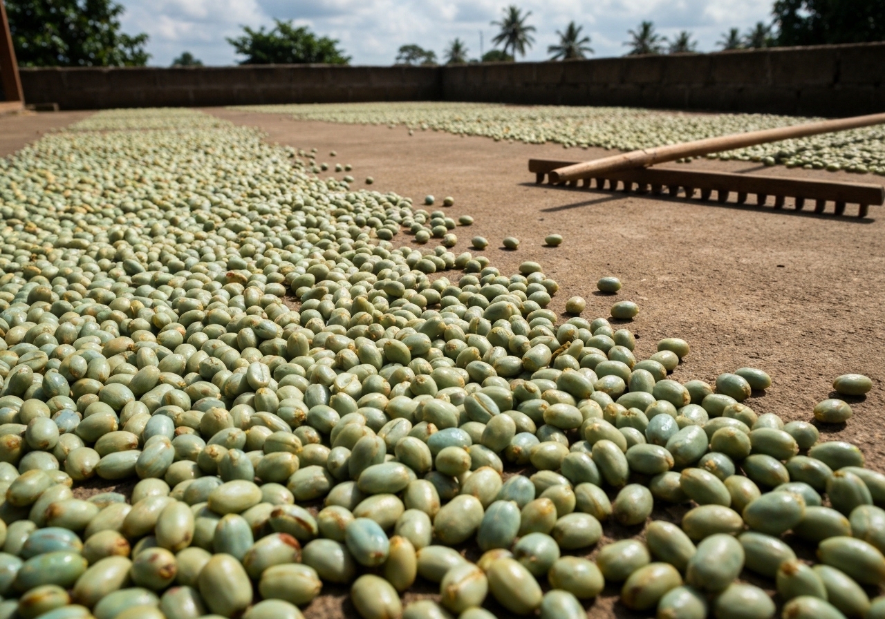 Coffee beans spread out on a patio for drying in tropical sunlight