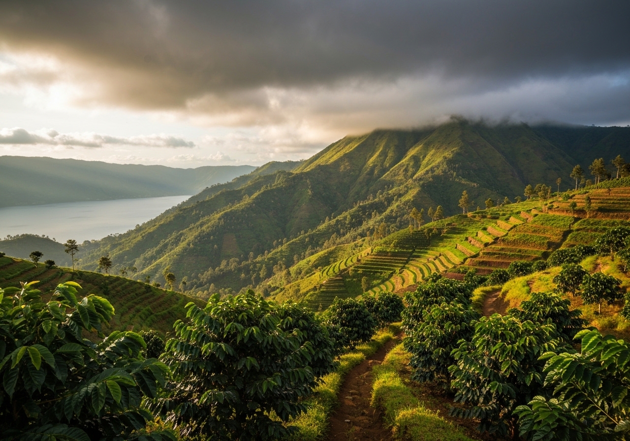 Lush green mountainside in the Indonesian highlands where coffee is cultivated
