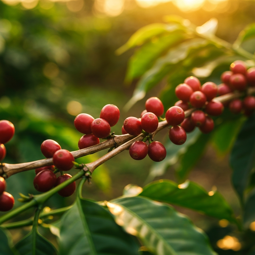 Bright red coffee cherries on a branch with green leaves in golden hour light