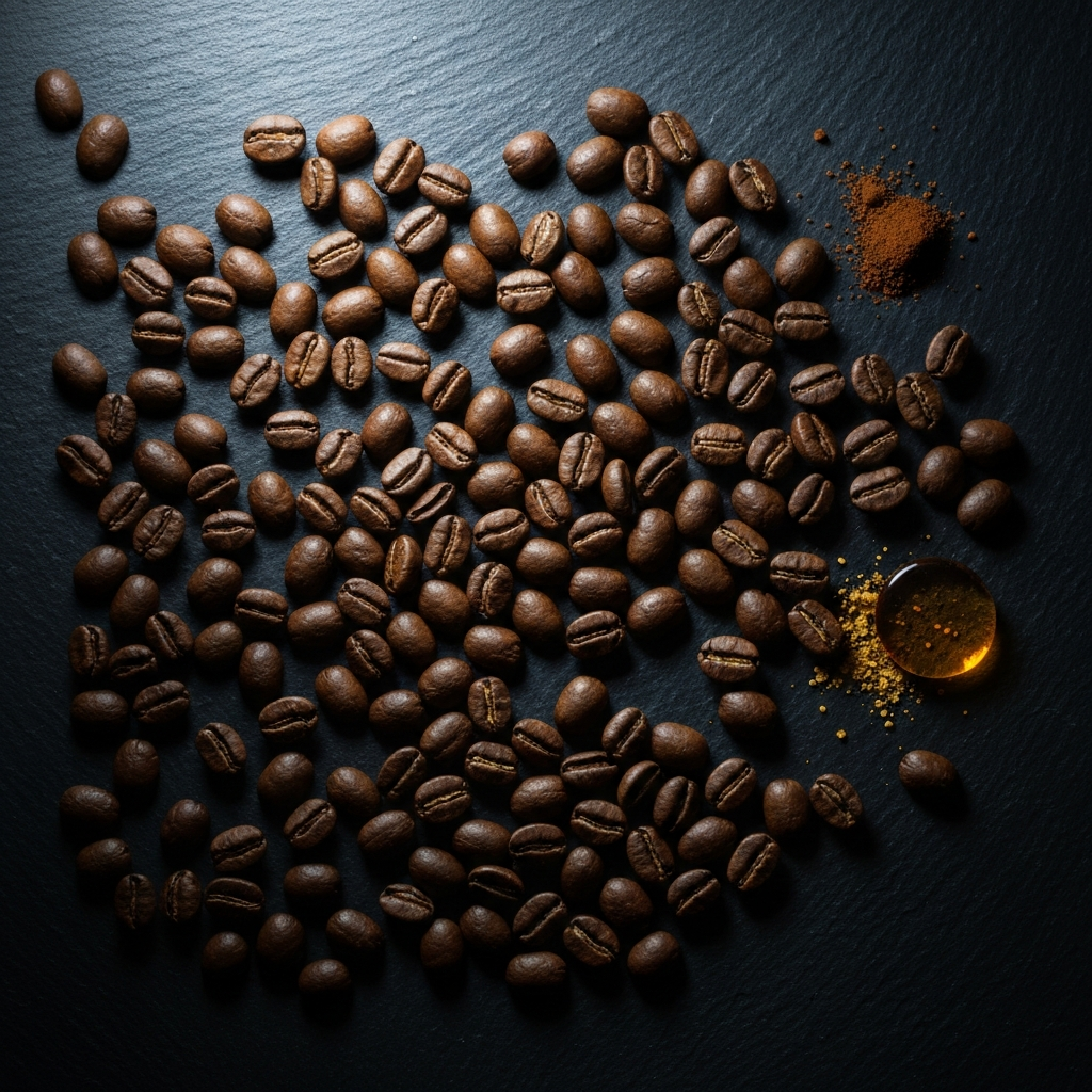 Premium specialty coffee beans arranged on dark slate with a coffee scorecard