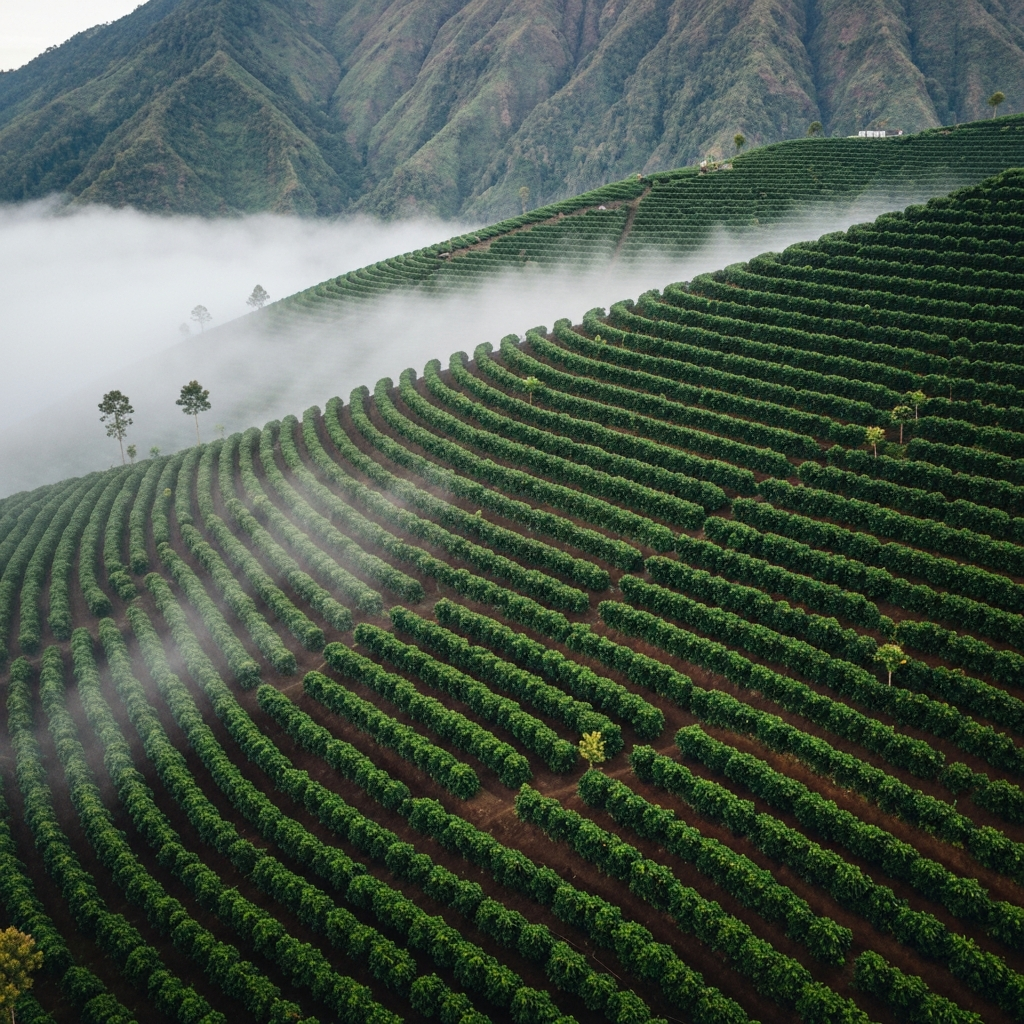 Aerial view of coffee farm on steep volcanic hillside with terraced rows in morning mist