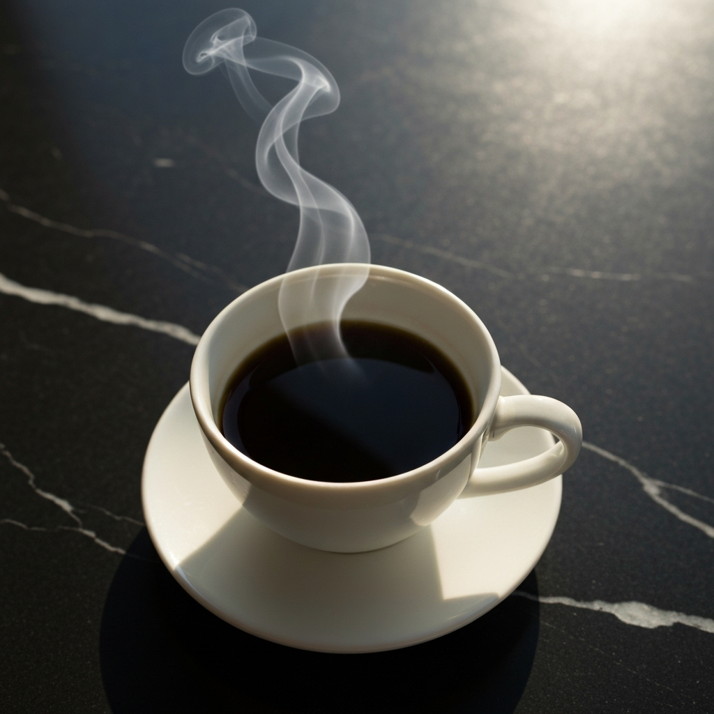 White ceramic cup of black coffee with steam rising on dark marble